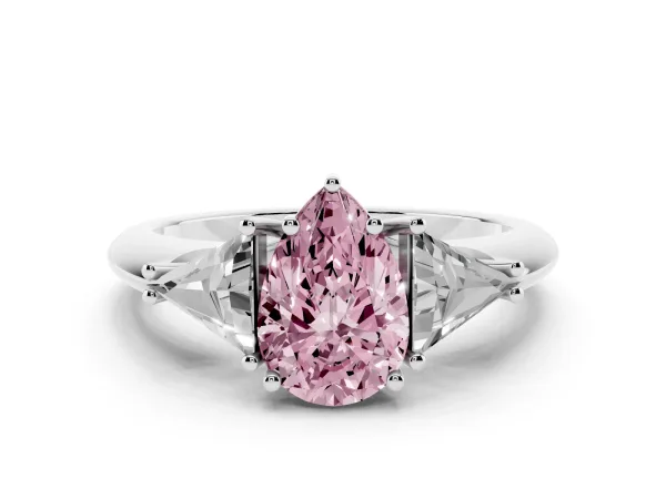 Fancy Pink Three-Stone Pear Cut Diamond Engagement Ring with Trillion Side Stones and Prong Setting White gold