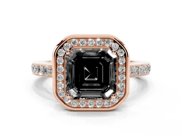 Fancy Black Asscher Cut Diamond Halo Ring with Bezel Frame and Pavé Band Rose gold
