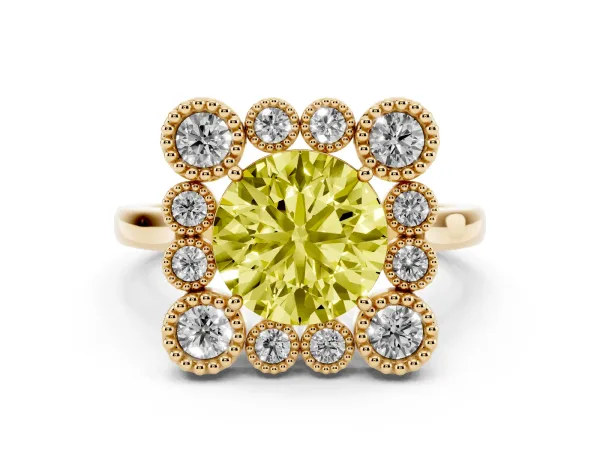 Fancy Yellow Round Cut Halo Diamond Cluster Engagement Ring with Milgrain Bezel Setting and Solitaire Band Yellow gold