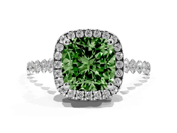 Fancy Green Cushion Cut Halo Pavé Diamond Engagement Ring with Four-Prong Setting White gold