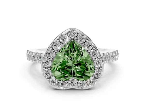 Fancy Green Heart Cut Diamond Halo Ring with Round Pavé Split Shank and Prong Setting White gold
