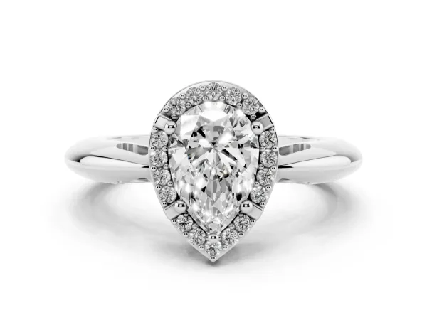 Pear Cut Cut Diamond Halo Engagement Ring with Split Shank and Four-Prong Setting White gold