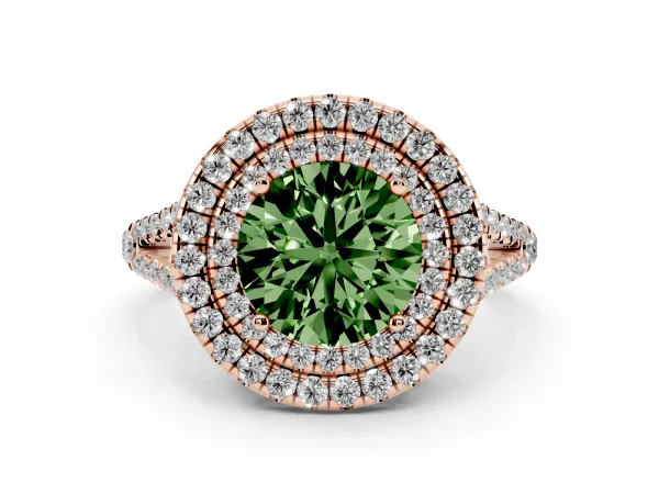 Fancy Green Round Cut Diamond Double Halo Ring with Pavé Band and Prong Setting Rose gold