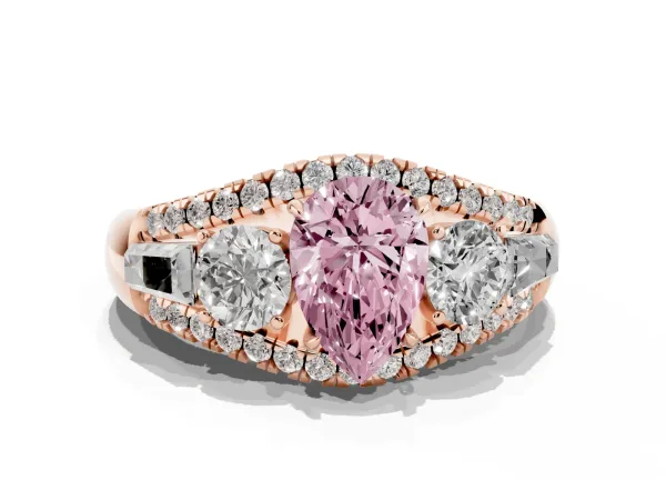 Fancy Pink Three-Stone Pear Cut Diamond Engagement Ring with Pave Band and Prong Setting Rose gold