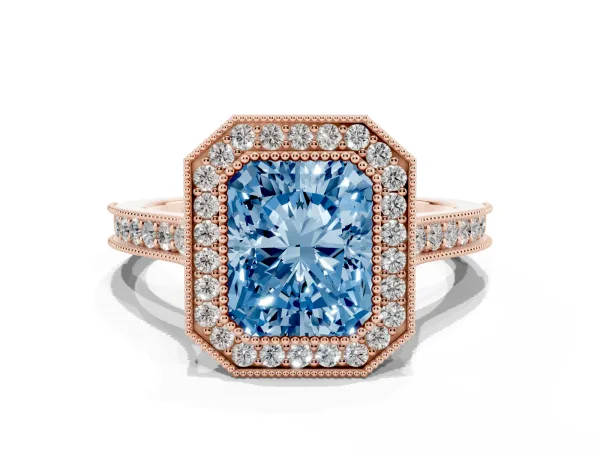Fancy Blue Halo Radiant Cut-Cut Diamond Pave Band Milgrain Prong Setting Ring Rose gold