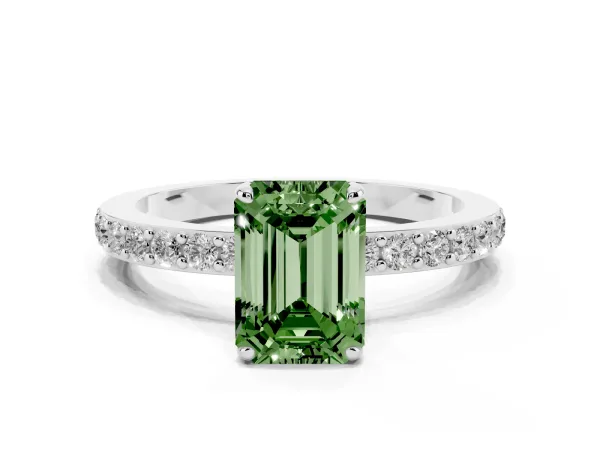 Fancy Green Emerald Cut Diamond Solitaire Engagement Ring with Pavé Band and Four-Prong Setting White gold