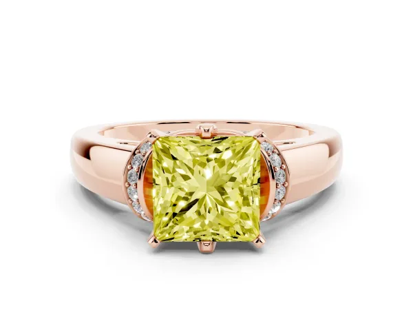 Fancy Yellow Princess Cut Solitaire Diamond Ring with Pave Band and Six-Prong Setting Rose gold