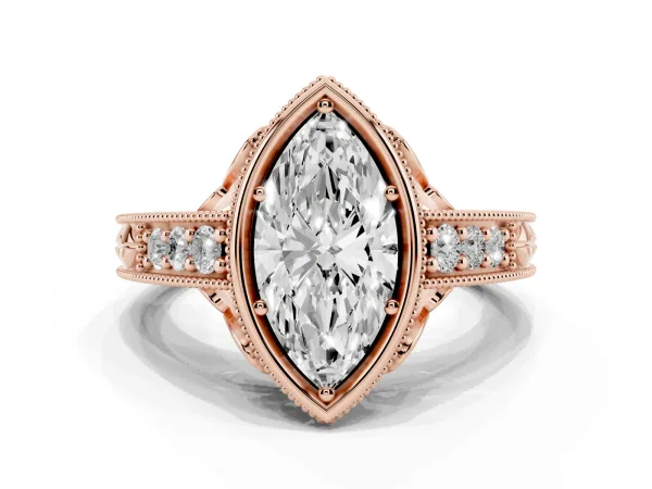 Bezel Set Marquise Cut Diamond Milgrain Pave Engagement Ring Rose gold