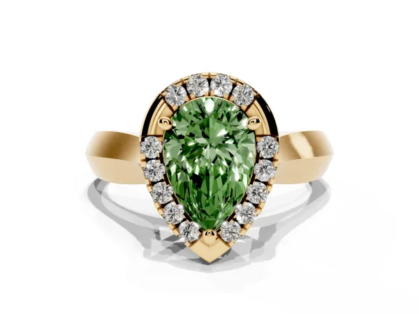 Fancy Green Pear Cut Cut Halo Solitaire Engagement Ring with Square Band and Four-Prong Setting Yellow gold