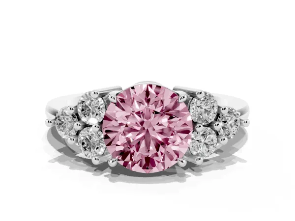 Fancy Pink Round Cut Brilliant Diamond Cluster Accent Solitaire Ring with Prong Setting White gold