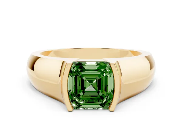 Fancy Green Asscher Cut Solitaire Bezel Set Diamond Ring with Wide Band Yellow gold