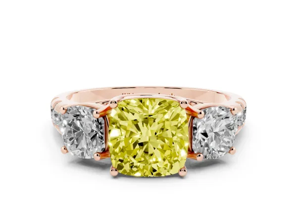 Fancy Yellow Three-Stone Cushion Cut Diamond Pavé Band with Prong Setting Rose gold