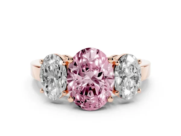 Fancy Pink Three-Stone Oval Cut Cut Diamond Engagement Ring with Flat Band and Four-Prong Setting Rose gold