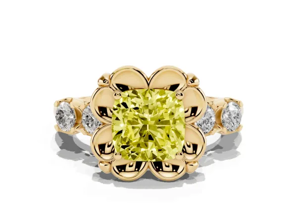 Fancy Yellow Cushion Cut Cut Diamond Floral Halo Engagement Ring with Shared Prong Setting Yellow gold