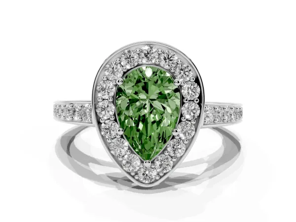 Fancy Green Pear Cut Halo Pavé Diamond Engagement Ring with Bezel Setting Platinum