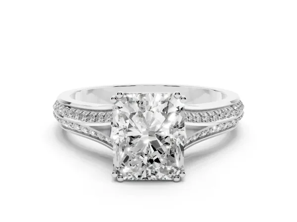 Radiant Cut Diamond Split Shank Engagement Ring with Pavé Band White gold