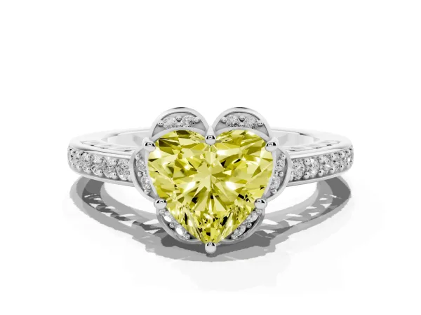 Fancy Yellow Heart Cut Cut Halo Diamond Ring with Channel Set Band and Four-Prong Setting White gold