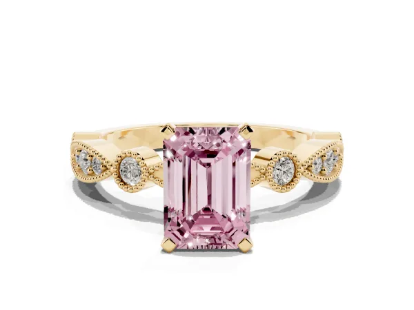 Fancy Pink Emerald Cut Milgrain Bezel Diamond Engagement Ring with Solitaire Prong Setting Yellow gold