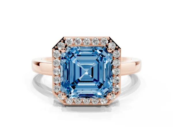 Fancy Blue Asscher Cut Halo Diamond Ring with Solitaire Band and Prong Setting Rose gold