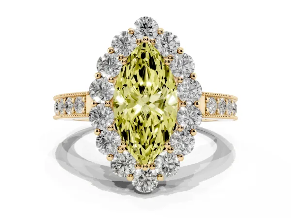 Fancy Yellow Marquise Cut Cut Halo Diamond Pavé Engagement Ring with Milgrain Detailing Yellow gold