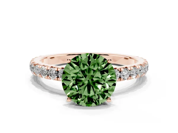Fancy Green Round Cut Diamond Pavé Solitaire Engagement Ring with Four-Prong Setting Rose gold