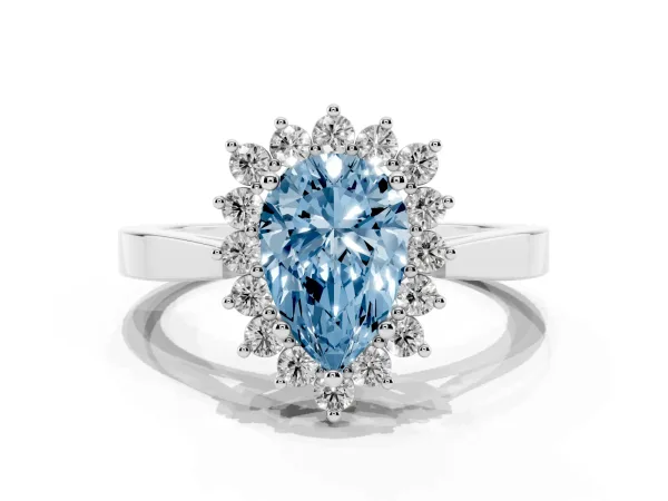 Fancy Blue Pear Cut Cut Diamond Halo Ring with Round Brilliant Halo and Solitaire Band White gold