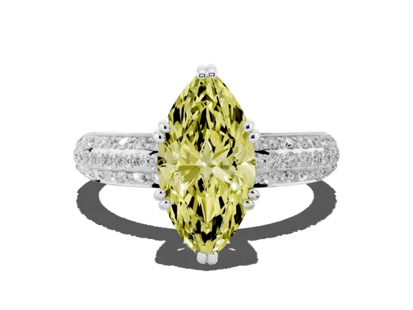 Fancy Yellow Marquise Cut Diamond Solitaire Ring with Multi-Row Round Pavé Band and Prong Setting Platinum