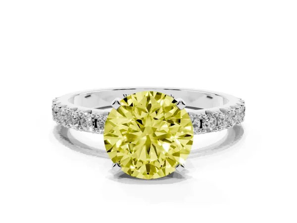 Fancy Yellow Round Cut Diamond Solitaire Pavé Band with Four-Prong Setting Platinum
