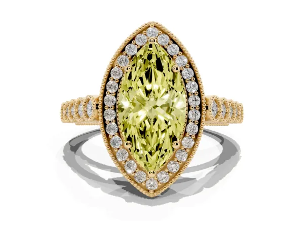 Fancy Yellow Marquise Cut Halo Milgrain Solitaire with Bezel Set Side Stones and Pave Band Yellow gold