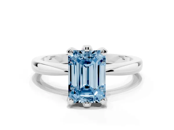 Fancy Blue Emerald Cut Solitaire Engagement Ring with Six-Prong Setting and Tapered Band Platinum