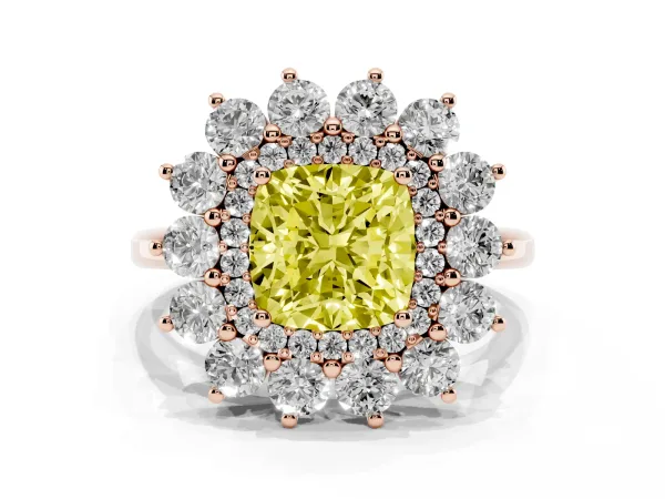 Fancy Yellow Cushion Cut Diamond Floral Double Halo Engagement Ring with Prong Setting Rose gold