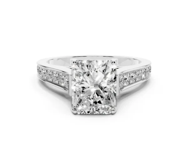 Radiant Cut Brilliant Cut Diamond Engagement Ring with Pavé Band and Four-Prong Setting Platinum