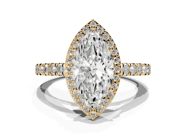 Marquise Cut Cut Halo Diamond Engagement Ring with Pave Band and Four-Prong Setting Yellow gold