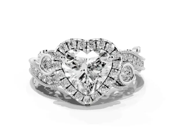 Heart Cut Halo Diamond Ring with Milgrain and Bezel Accents on a Split Shank Band White gold