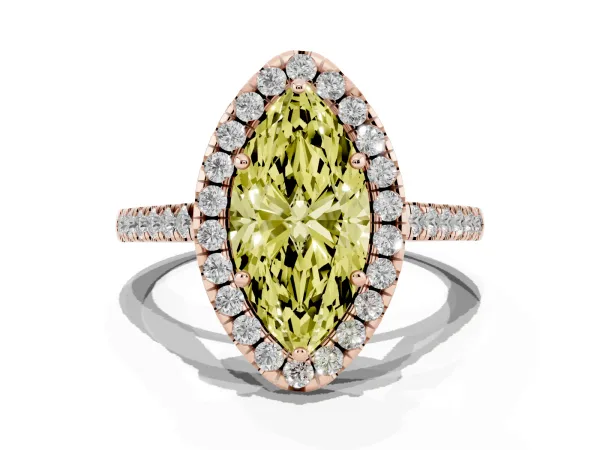Fancy Yellow Marquise Cut Halo Pavé Diamond Engagement Ring with Four-Prong Setting Rose gold