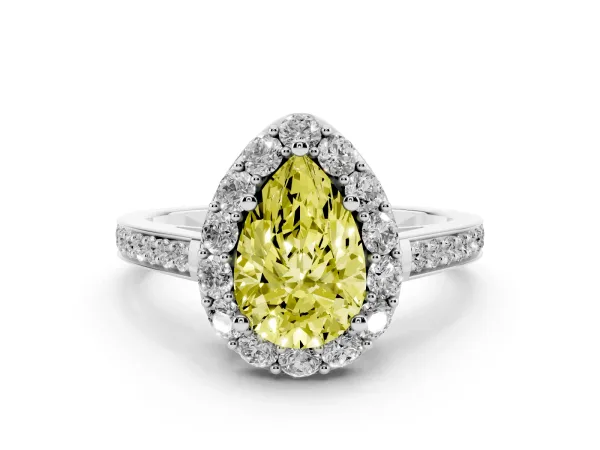 Fancy Yellow Pear Cut Diamond Floral Halo Ring with Pavé Band and Prong Setting Platinum