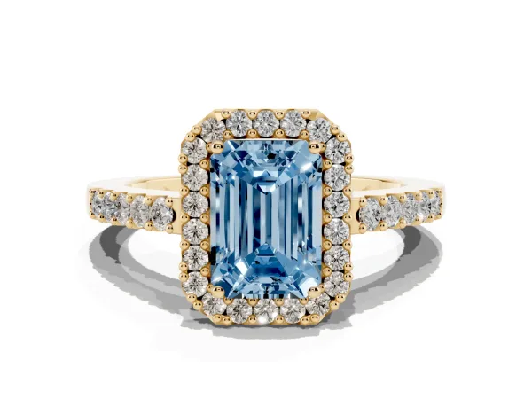 Fancy Blue Emerald Cut Halo Diamond Pavé Solitaire Ring Yellow gold