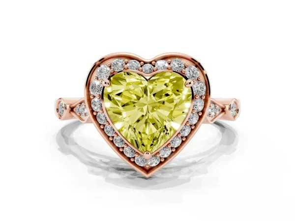 Fancy Yellow Heart Cut Halo Diamond Engagement Ring with Twisted Band and Four-Prong Setting Rose gold