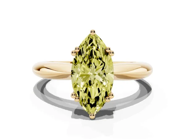 Fancy Yellow Marquise Cut Cut Solitaire Engagement Ring with Tapered Band and Four-Prong Setting Yellow gold