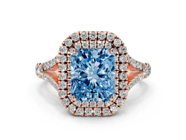 Fancy Blue Double Halo Radiant Cut Diamond Split Shank Engagement Ring with Four-Prong Setting Rose gold