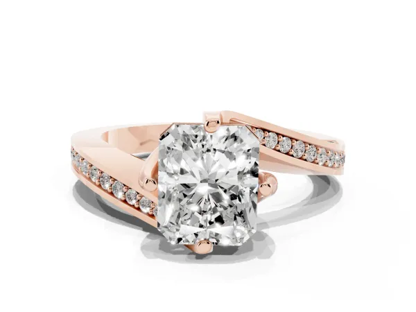 Radiant Cut Solitaire Diamond Twist Band with Pavé Setting and Four-Prong Setting Rose gold