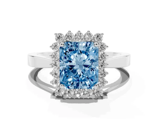 Fancy Blue Radiant Cut Cut Diamond Halo Ring with Round Brilliant Halo and Solitaire Band White gold