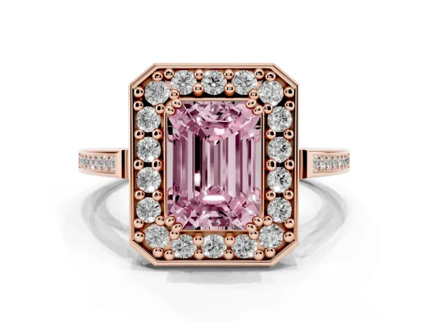 Fancy Pink Emerald Cut Diamond Halo Ring with Split Shank and Four-Prong Setting Rose gold