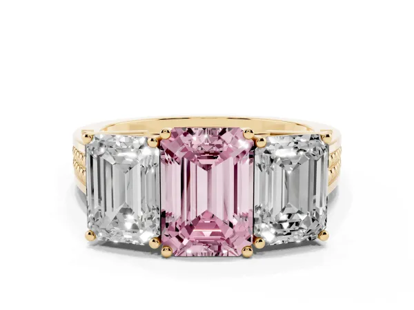 Fancy Pink Emerald Cut Diamond Three-Stone Ring with Prong Setting and Textured Band Yellow gold
