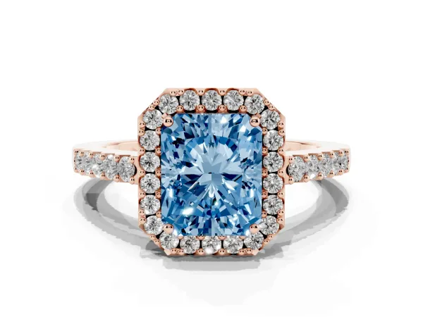 Fancy Blue Radiant Cut Halo Diamond Pavé Solitaire Ring Rose gold