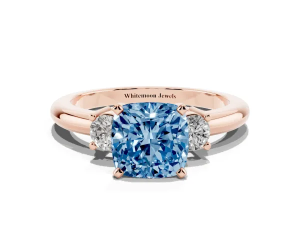 Fancy Blue Three-Stone Cushion Cut Cut Diamond Solitaire with Prong Setting and Classic Band Rose gold