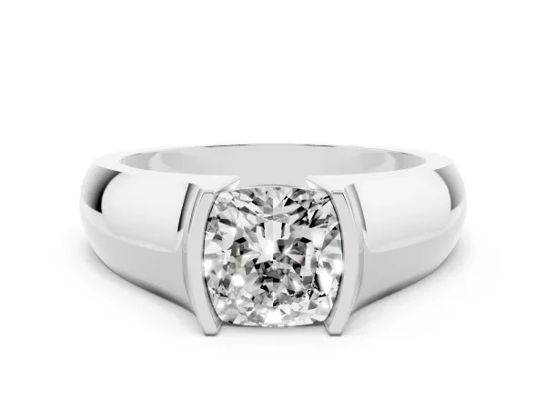 Cushion Cut Solitaire Bezel Set Diamond Ring with Wide Band White gold