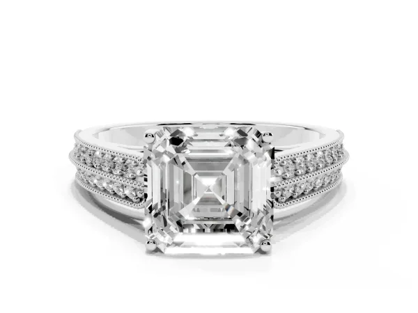 Asscher Cut Cut Pave Split Shank Engagement Ring with Four-Prong Setting White gold