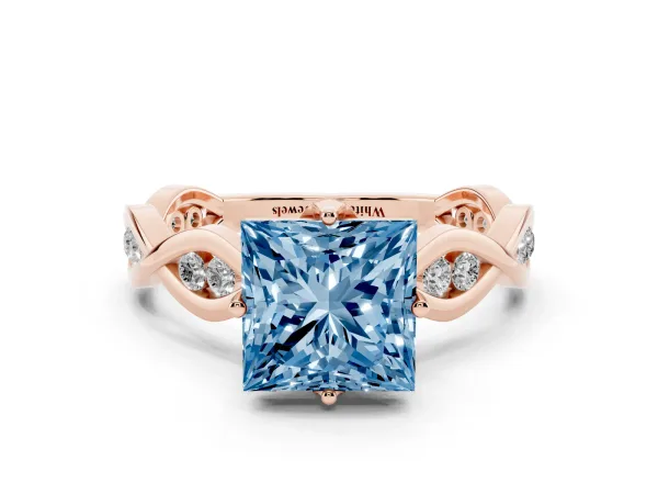 Fancy Blue Princess Cut Solitaire Twist Band with Leaf Prong Setting Rose gold