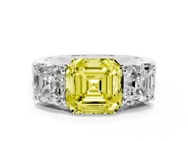 Fancy Yellow Asscher Cut Three-Stone Diamond Ring with Prong Setting on a Classic Band Platinum